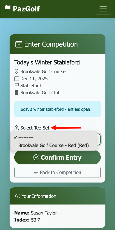PLACEHOLDER: Enter Competition screen showing competition details and tee selection