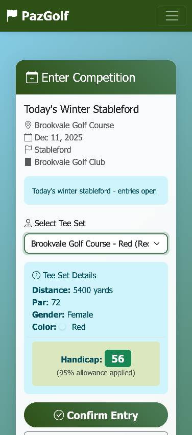 PLACEHOLDER: Enter Competition screen with tee selected showing handicap